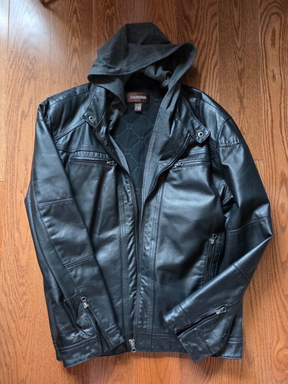 XXL Danier black leather jacket with hood lining